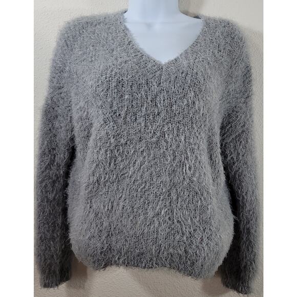 Pink Rose Gray Fuzzy V Neck Drop Shoulder Sweater Small Lightweight Soft Stretch - Picture 1 of 6